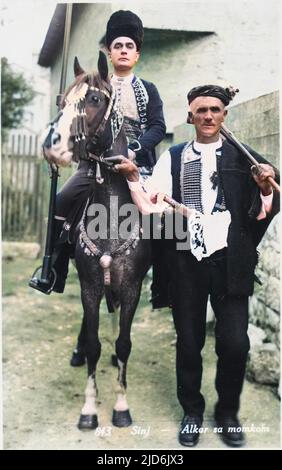 The anniversary of the last victory over the Ottoman army in 1715 is celebrated yearly in the beginning of August by Sinjska alka, an equestrian competition in which ceremonially dressed horsemen try to hit a small ring (alka) with their lance while galloping. Colourised version of: 10406669       Date: circa 1930s Stock Photo