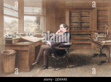 Charles Dickens in his study at Gadshill. Charles Dickens, full-length portrait, seated at desk, facing left, in his study at Gad's Hill Place. Colourised version of: 10608549 Stock Photo