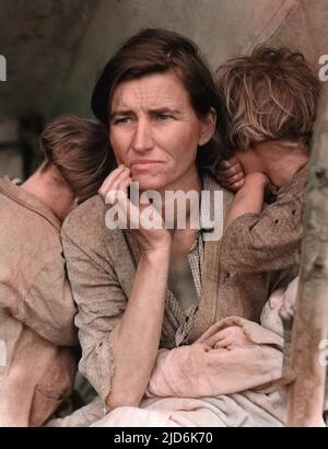 Destitute pea pickers in California. Mother of seven children. Age thirty-two. Nipomo, California. Photograph shows Florence Thompson with three of her children in a photograph known as Migrant Mother.  Destitute pea pickers in California. Mother of seven children. Age thirty-two. Nipomo, California. Photograph shows Florence Thompson with three of her children in a photograph known as Migrant Mother. Colourised version of: 10590660 Stock Photo