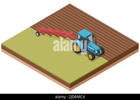 Isometric Farming plowing the field in spring. Farmer in agricultural tractor at work. Tractor ploughing field. Stock Vector