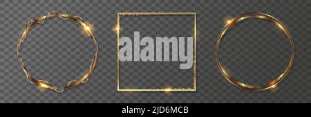 Set of golden geometric frames. Round and square golden frame on a transparent background. Stock Vector