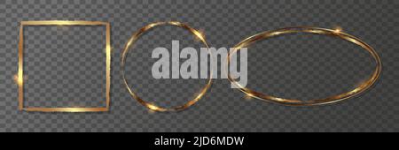 Realistic golden round, square, oval frame on transparent background.Collection of geometric shiny golden frames.  Stock Vector