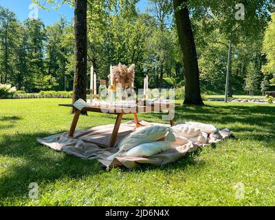 Beautiful picnic table with a wine, snacks and fruits in a beautiful field in the park. Stock Photo