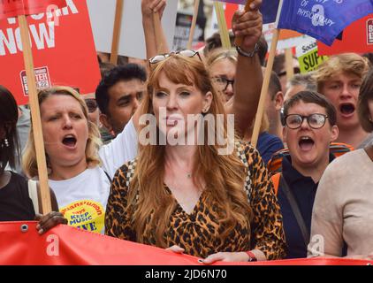 London, UK. 18th June, 2022. Deputy leader of the Labour Party Angela Rayner marches with protesters during the demonstration in Regent Street. Thousands of people and various trade unions and groups marched through central London in protest against the cost of living crisis, the Tory Government, the Rwanda refugee scheme and other issues. Credit: SOPA Images Limited/Alamy Live News Stock Photo