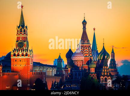 The Moscow Kremlin and St. Basil's Cathedral on Red Square in Moscow, Russia. Landscape at sunset. High quality photo Stock Photo