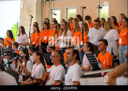 The choir of the Mladifest 2021 singing  – the youth festival in Medjugorje. Stock Photo