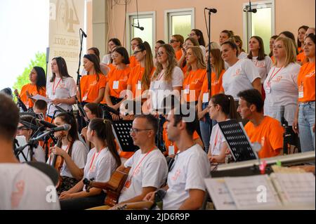 The choir of the Mladifest 2021 singing  – the youth festival in Medjugorje. Stock Photo