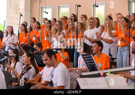 The choir of the Mladifest 2021 singing  – the youth festival in Medjugorje. Stock Photo