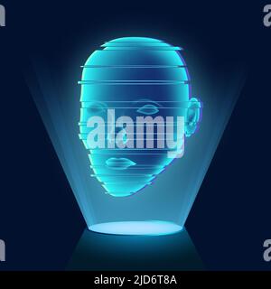 Blue luminous hologram with a human face on a dark background. Glitch effect. Virtual or augmented reality. Artificial digital human head Stock Vector