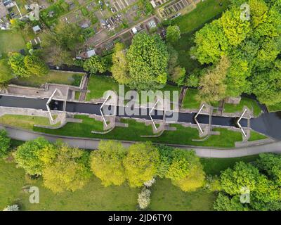 Aerial view of Bingley Five-Rise Locks is a staircase lock on the Leeds and Liverpool Canal at Bingley, West Yorkshire, UK Stock Photo