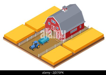 Isometric Farm building with agricultural tractor, cultivated fields. Agriculture wheat field. Stock Vector