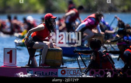 Toronto, Canada. 18th June, 2022. Contestants compete during the 2022 Toronto International Dragon Boat Race Festival in Toronto, Canada, on June 18, 2022. The event is held here from Saturday to Sunday with the participation of dozens of teams. Credit: Zou Zheng/Xinhua/Alamy Live News Stock Photo