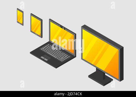 Isometric vector set of computer laptop tablet pc and smart-phone. 3d devices on modern background. Stock Vector