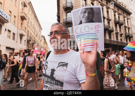 Turin, Turin, Italy. 18th June, 2022. Demonstrator asking for justice for Cloe Bianco, italian transgender teacher who commited suicide on 11th of June after being repeatedly discriminated against at work. (Credit Image: © Matteo Secci/ZUMA Press Wire) Credit: ZUMA Press, Inc./Alamy Live News Stock Photo