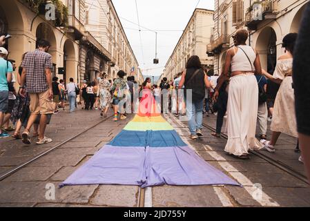 Turin, Turin, Italy. 18th June, 2022. People parading through the streets of Turin for the LGBTQA  Pride. (Credit Image: © Matteo Secci/ZUMA Press Wire) Credit: ZUMA Press, Inc./Alamy Live News Stock Photo