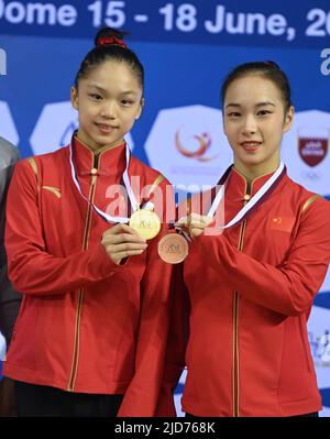 Doha. 18th June, 2022. Gold medalist Wu Ran of China attends the ...