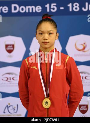 Doha. 18th June, 2022. Gold medalist Wu Ran of China reacts during the ...
