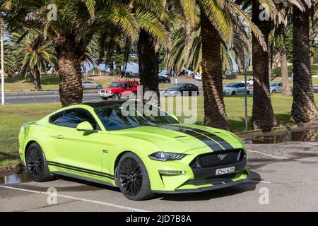 2020 Ford Mustang car in green with black stripes on bonnet parked in Sydney,NSW,Australia Stock Photo