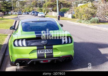 2020 model Ford Mustang 5.0 GT coupe car in lime green parked in a Sydney street ,NSW,Australia Stock Photo