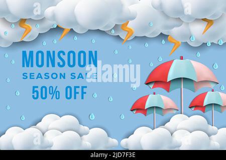 3d monsoon season background with umbrellas and thunder, monsoon sale 3d illustration Stock Vector