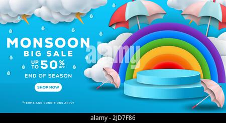 monsoon big sale promotion banner poster with a podium for displaying product Stock Vector