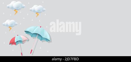 umbrellas, clouds, and thunder 3d illustration for monsoon season background with copy space area Stock Vector