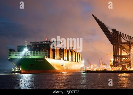 The world's largest cargo ship Ever Ace, holder of the record for most containers loaded onto a single ship, arrives at the Port of Felixstowe in Suffolk, Britain's biggest and busiest container port. Picture date: Sunday June 19, 2022. Stock Photo