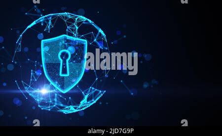 Global digital security protection concept with glowing digital shield with keyhole sign in technological sphere on abstract dark background. 3D rende Stock Photo