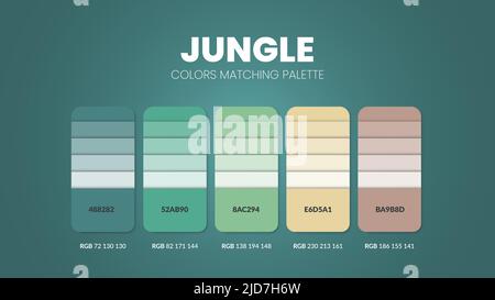 Jungle tone colour schemes ideas.Color palettes are trends combinations and palette guides this year, a table color shades in RGB or  HEX. A color swa Stock Vector