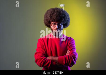 Satisfied hipster man standing with crossed arms and looking at camera, holding party props in his hair, wearing red sweatshirt. Indoor studio shot isolated on colorful neon light background. Stock Photo