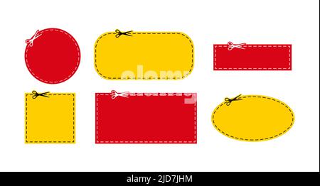 Scissors cut red and yellow coupon dotted line with dash icon. Stock Vector