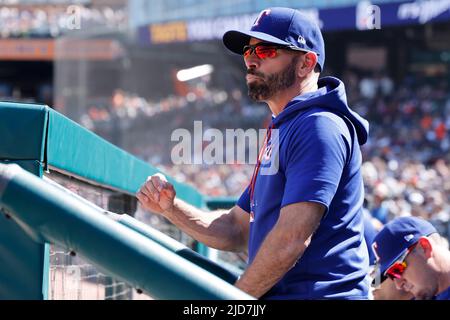 DETROIT, MI - JUNE 18: Texas Rangers manager Chris Woodward (8) looks on against the Detroit Tigers at Comerica Park on June 18, 2022 in Detroit, Michigan. (Joe Robbins/Image of Sport) Stock Photo