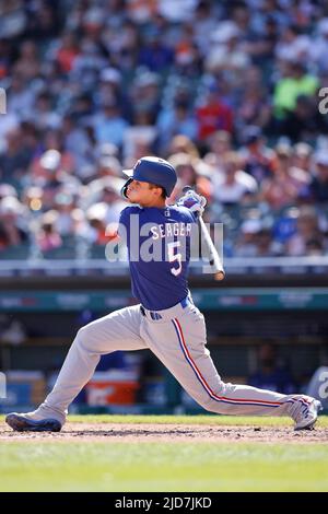 DETROIT, MI - JUNE 18: Texas Rangers shortstop Corey Seager (5) bats against the Detroit Tigers at Comerica Park on June 18, 2022 in Detroit, Michigan. (Joe Robbins/Image of Sport) Stock Photo