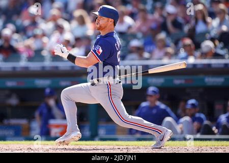 DETROIT, MI - JUNE 18: Texas Rangers right fielder Kole Calhoun (56) bats against the Detroit Tigers at Comerica Park on June 18, 2022 in Detroit, Michigan. (Joe Robbins/Image of Sport) Stock Photo