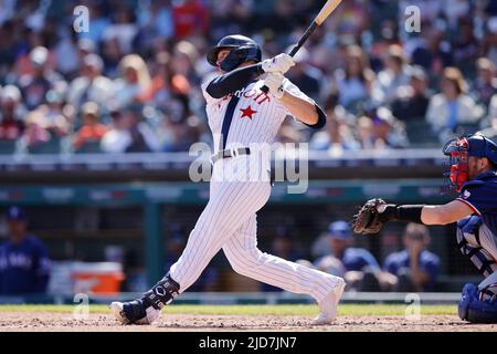 DETROIT, MI - JUNE 18: Detroit Tigers first baseman Spencer Torkelson (20) bats against the Texas Rangers at Comerica Park on June 18, 2022 in Detroit, Michigan. (Joe Robbins/Image of Sport) Stock Photo