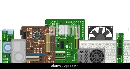 Set of spare part for personal computer. PC laptop accessories. Horizontally seamless background. Hard drive. Isolated on white background. Motherboar Stock Vector