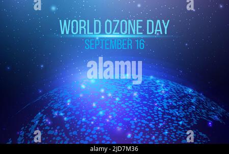 World ozone day banner. Futuristic map of the planet. World map. Abstract background with glowing planet Earth. Vector illustration. Stock Vector