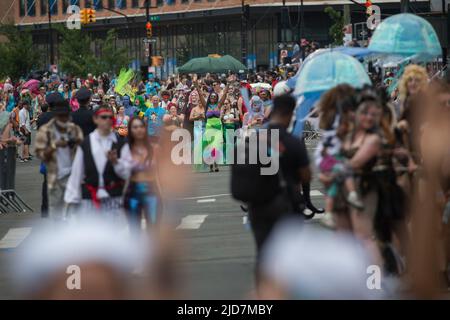 New York, USA. 18th June, 2022. People participate in the 2022 Mermaid Parade at Coney Island in New York, the United States, June 18, 2022. The Mermaid Parade made its in-person return on Saturday after a two-year hiatus due to COVID-19 pandemic. Credit: Michael Nagle/Xinhua/Alamy Live News Stock Photo