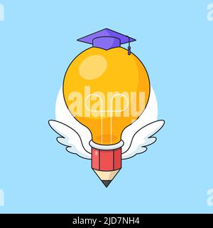 Flying big head light bulb lamp pencil with wing and toga hat vector illustration for smart education visual concept design Stock Vector