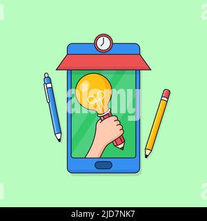 Hand holding light bulb lamp on smartphone screen with student tools vector illustration for creative school lesson online learning application Stock Vector
