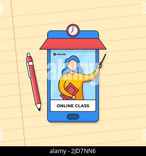 Teacher presenting lesson on smartphone screen for online class learning from home with mobile application Stock Vector