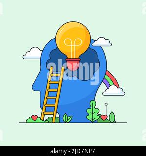 Creative brainstorming idea with full imagination visual concept design. big head with light bulb inside and cloud rainbow on fertile plant vector ill Stock Vector