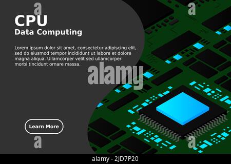 Artificial intelligence micro chip illustration. Quantum computing. PC mainboard illustration background. 3D isometric hardware Stock Vector