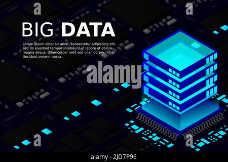 Artificial intelligence micro chip illustration. Quantum computing. PC mainboard illustration background. 3D isometric hardware Stock Vector