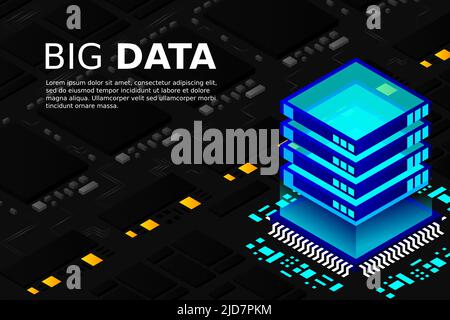 Artificial intelligence micro chip illustration. Quantum computing. PC mainboard illustration background. 3D isometric hardware Stock Vector