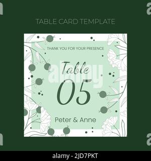 Floral wedding Table number template in hand drawn doodle style, invitation card design with line flowers and leaves, dots and berries. Vector decorative frame on white and green background. Stock Vector