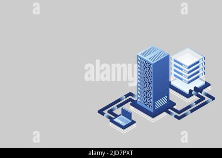 Transfer of user data to the server. Data hosting. Data flow. Data storage. Server. Digital space. Data center. Big Data. Technology. Conceptual illus Stock Vector