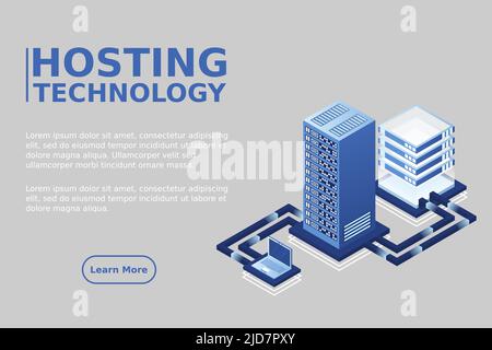 Transfer of user data to the server. Data hosting. Data flow. Data storage. Server. Digital space. Data center. Big Data. Technology. Conceptual illus Stock Vector