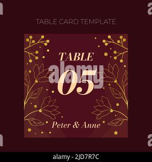 Floral wedding Table number template in elegant golden style, invitation card design with gold flowers with leaves, dots and berries. Vector decorative frame on rich red background. Stock Vector
