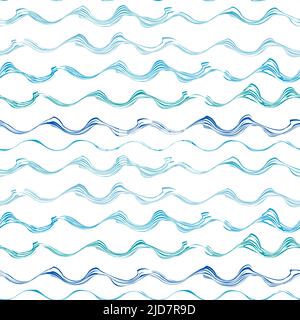 Seamless pattern with waves. Wavy hand drawn brush strokes on white. Blue grunge texture. Ocean water splashes flowing. Perfect as wrapping paper, wal Stock Vector